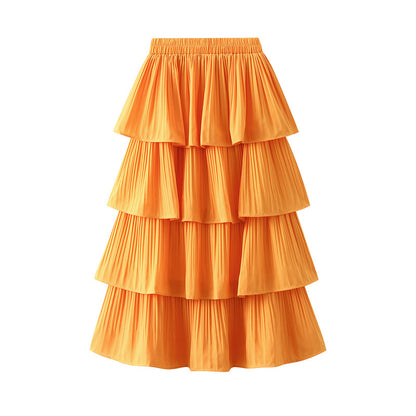Women Casual Solid Color Stitching Pleated Skirt