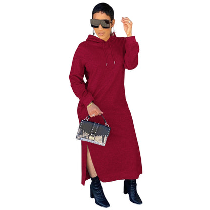 Winter Women Fashion Casual Solid Color Hooded Dress