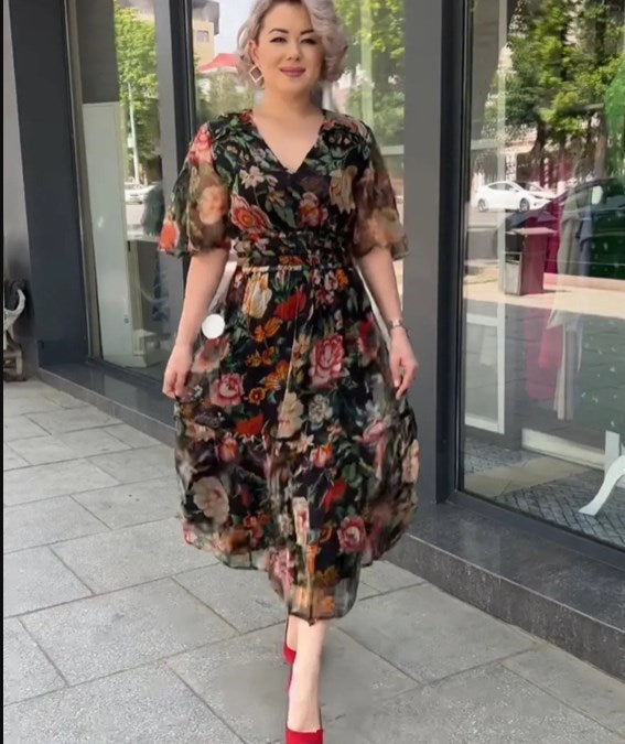 Vestido informal de manga corta con cuello en V y estampado floral para mujer, talla grande