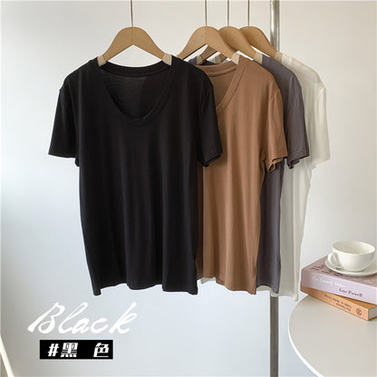 Camiseta informal de verano para mujer, color liso, cuello en U, manga corta, sin mangas