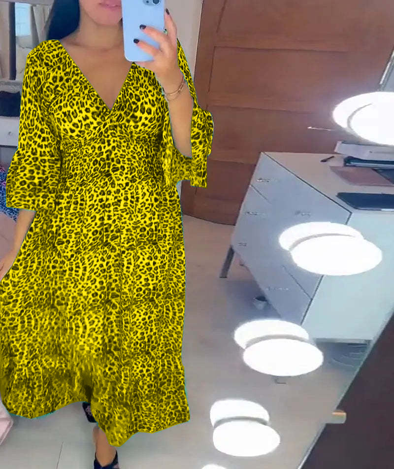 Vestido largo informal holgado estilo bohemio para mujer, elegante, de otoño, con escote en V profundo y estampado de leopardo para vacaciones en la playa