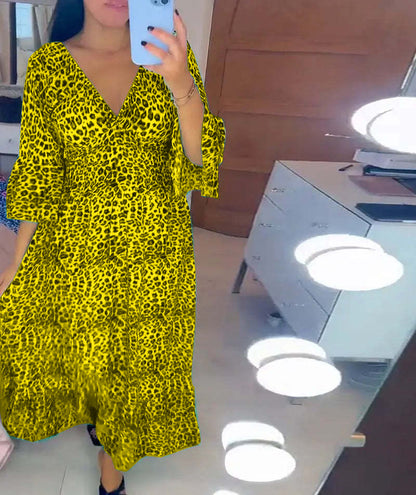 Vestido largo informal holgado estilo bohemio para mujer, elegante, de otoño, con escote en V profundo y estampado de leopardo para vacaciones en la playa