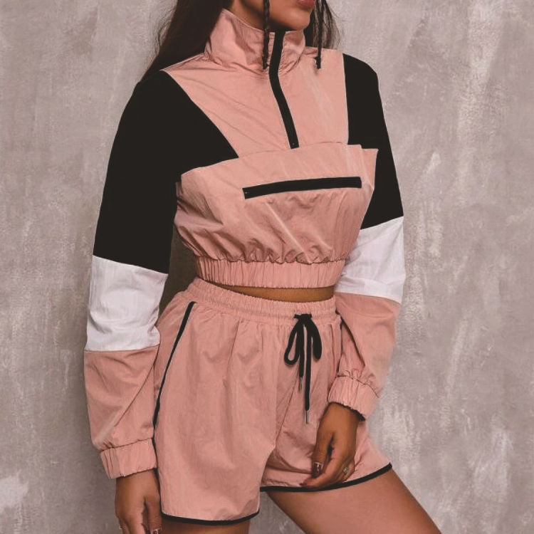 Conjunto deportivo informal de dos piezas para mujer, con panel de contraste, cremallera, cuello alto, manga larga, elástico, top y pantalones cortos