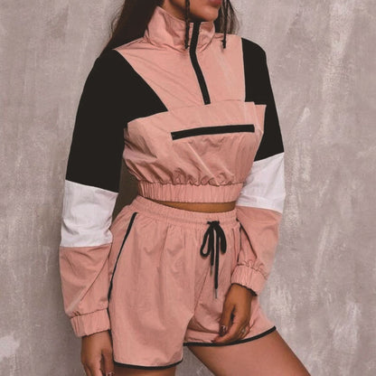 Conjunto deportivo informal de dos piezas para mujer, con panel de contraste, cremallera, cuello alto, manga larga, elástico, top y pantalones cortos