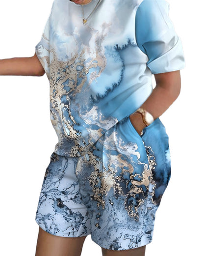 Conjunto de dos piezas de top y pantalones cortos de manga corta con cuello redondo y estampado gráfico informal para mujer