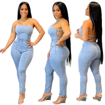 Women Casual Fashion Slim Backless Lace Up Denim Jumpsuit