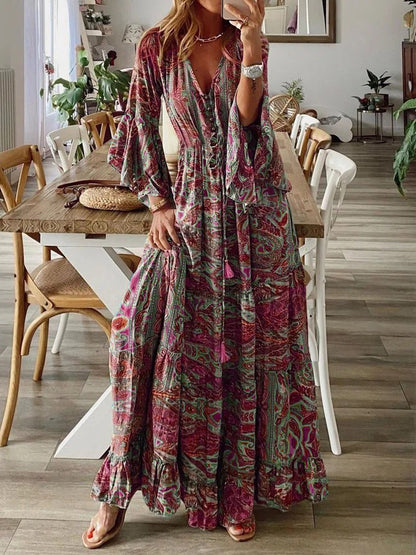 Women Fashion Casual Bohemian V-Neck Floral Print Horn Sleeve Maxi Dress