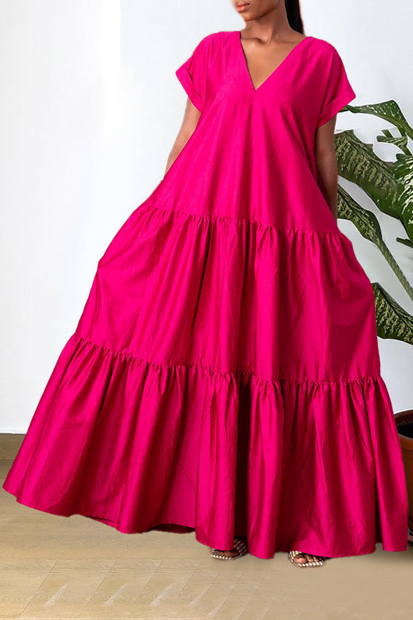 Women Fashion Casual Solid Color V-Neck Short Sleeve Maxi Dress
