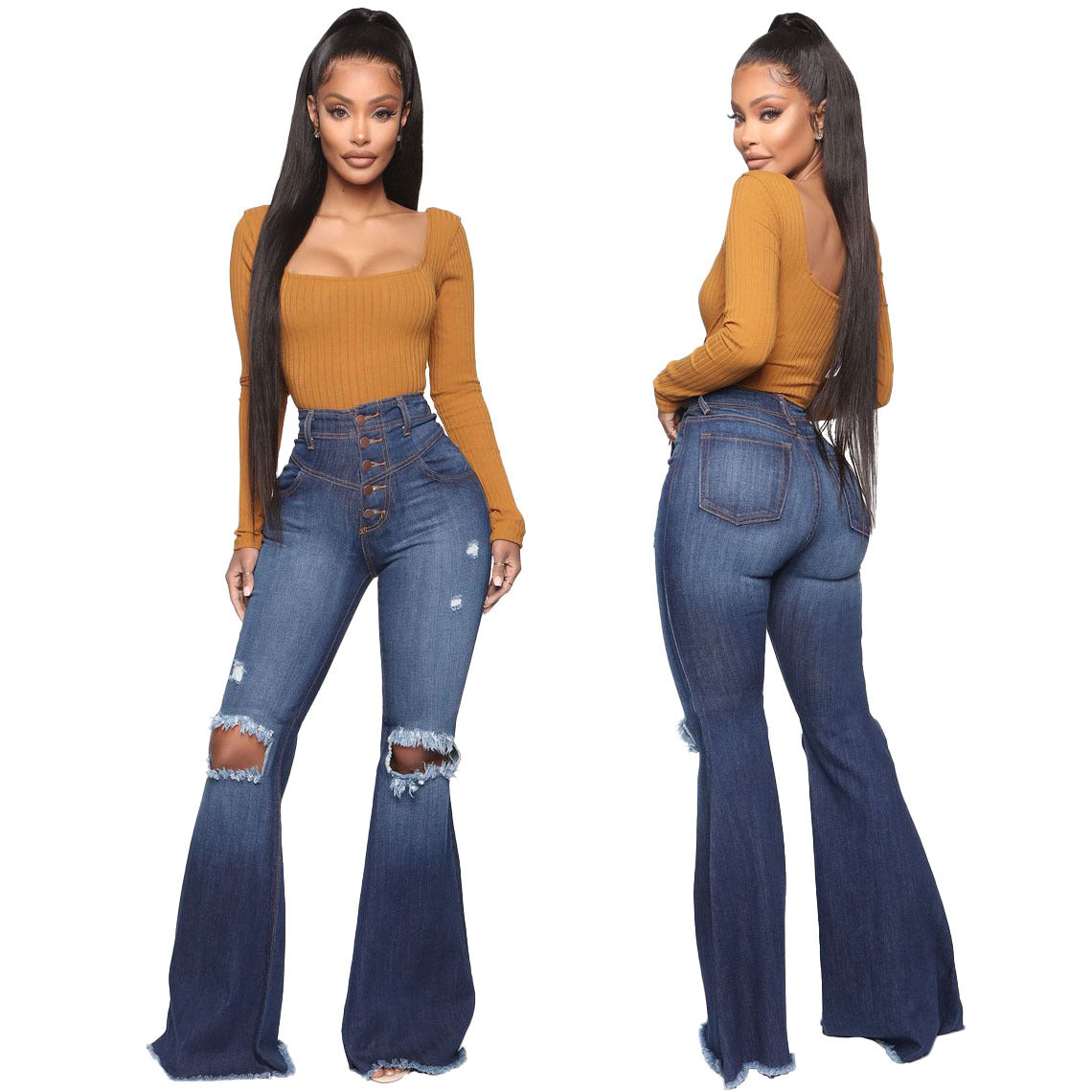 Women Casual Elegant Raw Hem Ripped Flare Jeans