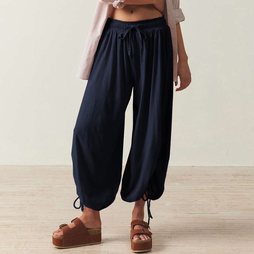 Women Casual Solid Color Drawstring Loose Pants
