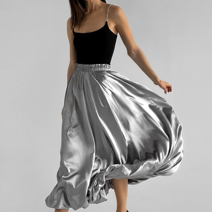 Women Fashion Simple Casual Satin Pleated Skirt