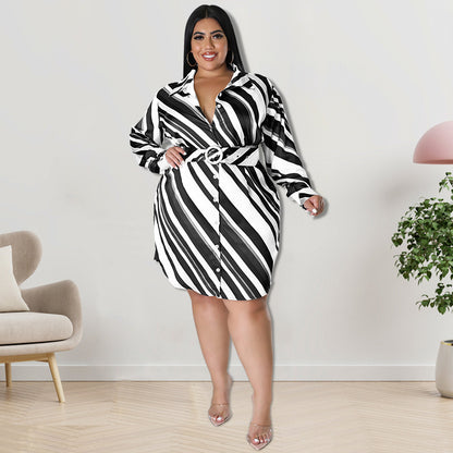 Plus Size Women Casual Autumn Long-Sleeved Diagonal Stripe Shirt Dress