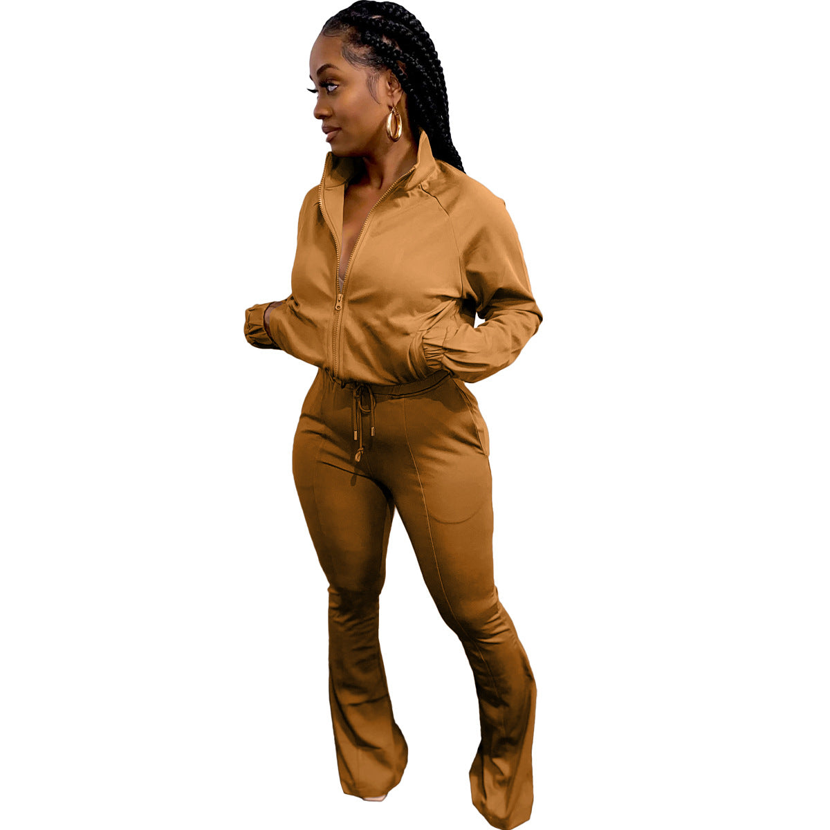 Conjunto de dos piezas informal de moda para mujer, con cuello alto, cremallera, manga larga y pantalones de cintura alta, color liso