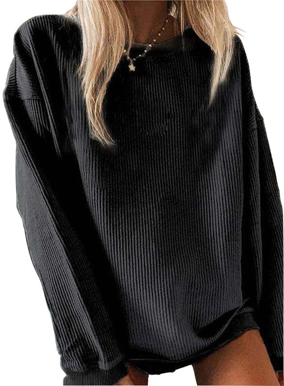 Sudadera informal de manga larga con cuello redondo y color liso para mujer