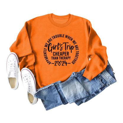 Sudadera informal de manga larga con cuello redondo y estampado de letras y eslogan de color liso para mujer 2024