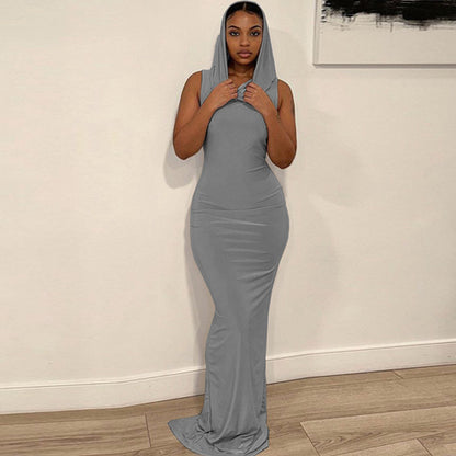 Women Fashion Casual Solid Color Hooded Elastic Sleeveless Slim Dress