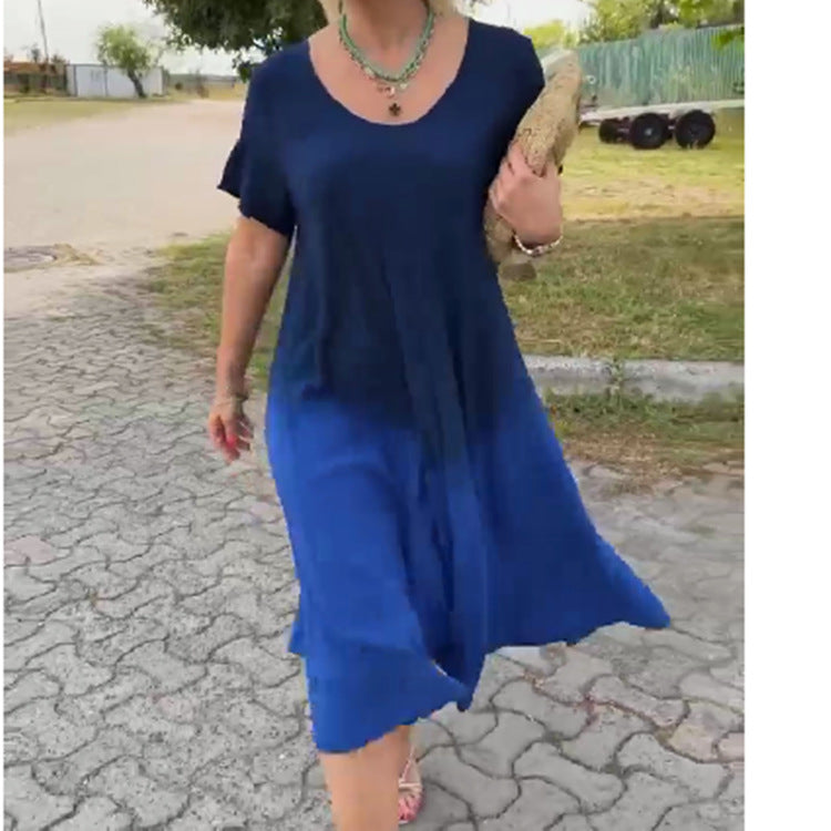 Summer Women Fashion Casual Plus Size Gradient Round Neck Short Sleeve Dress