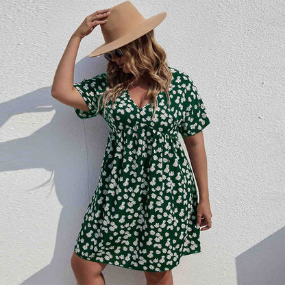 Women Fashion Casual Floral Printing V-Neck Short Sleeve Plus Size Dress