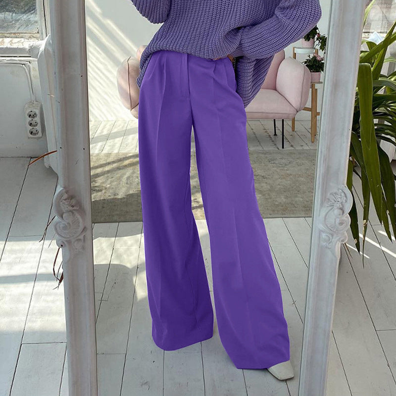 Women Basic Solid Color Casual High Waist Wide-Leg Mopping Pants