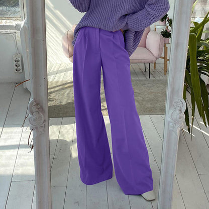 Women Basic Solid Color Casual High Waist Wide-Leg Mopping Pants