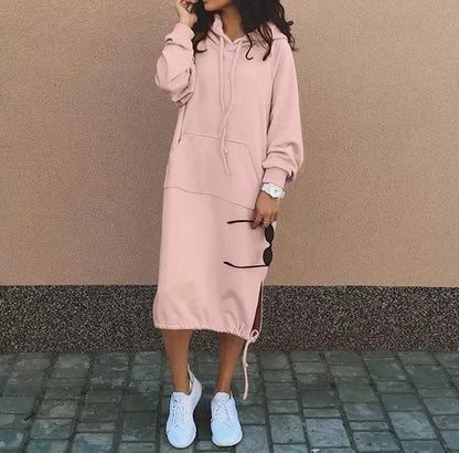 Women Fashion Casual Winter Solid Color Plus Size Hooded Long Sleeve Sweatshirt Dress