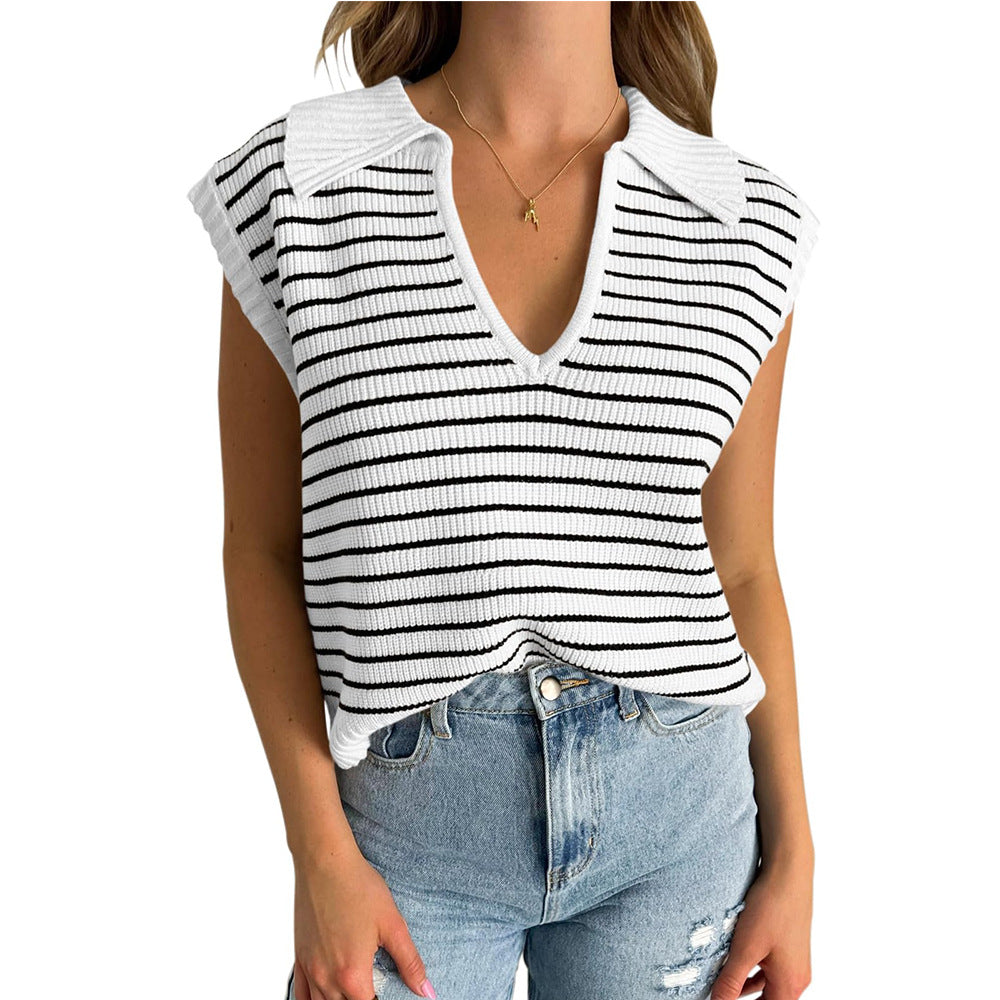 Women Fashion Casual Stripe Lapel V-Neck Sleeveless Knitted Sweater