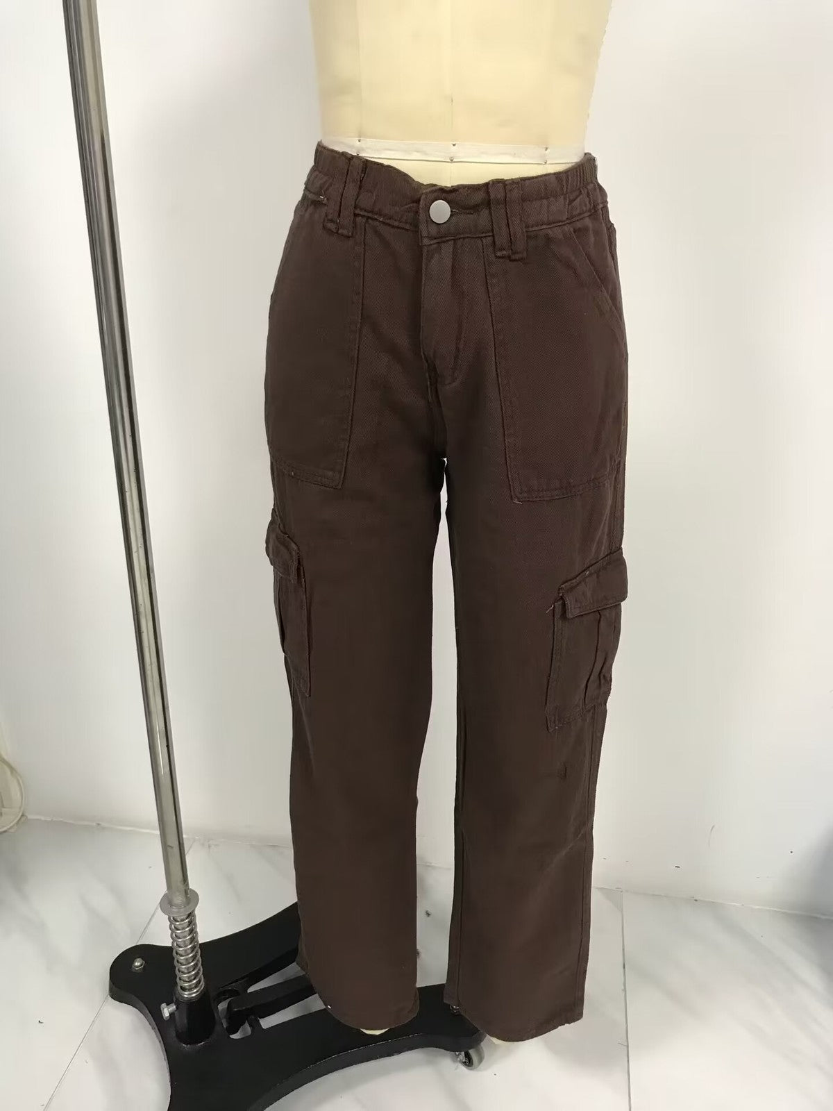 Women Fashion Casual Solid Color High-Waist Multi-Pocket Slim-Fit Pants