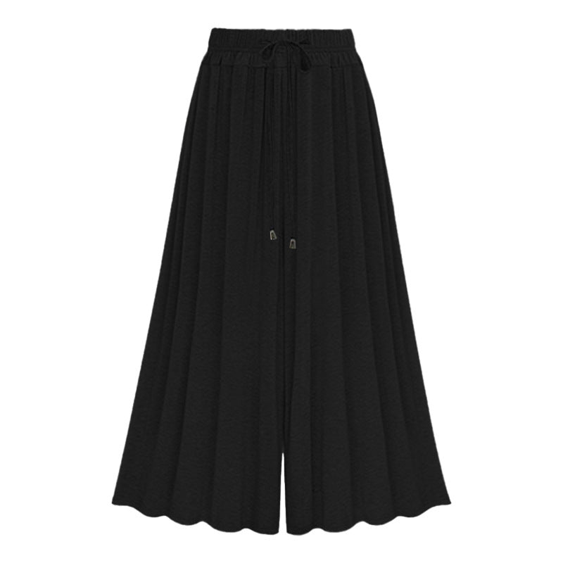 Women Casual Solid Color High Waist Drawstring Wide Leg Pants