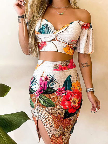 Conjunto de top corto de manga corta con hombros descubiertos y falda con abertura para mujer, estampado floral, informal, a la moda, para vacaciones