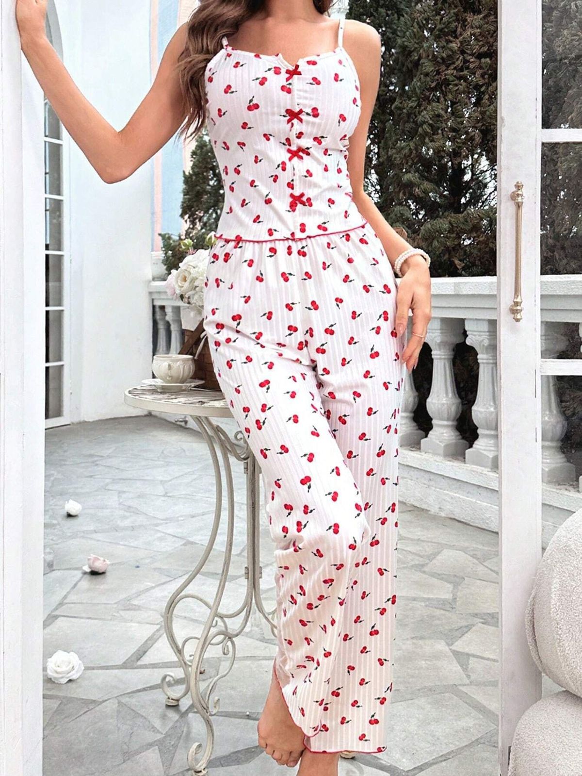 Conjunto de pijama de dos piezas con camisola estampada informal para mujer, pantalones de malla