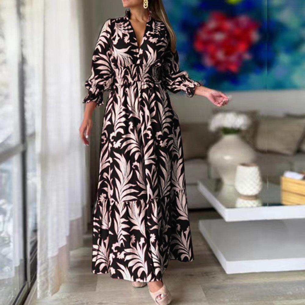 Vestido elegante informal de verano para mujer, con escote en V, estampado floral y volantes, de manga larga