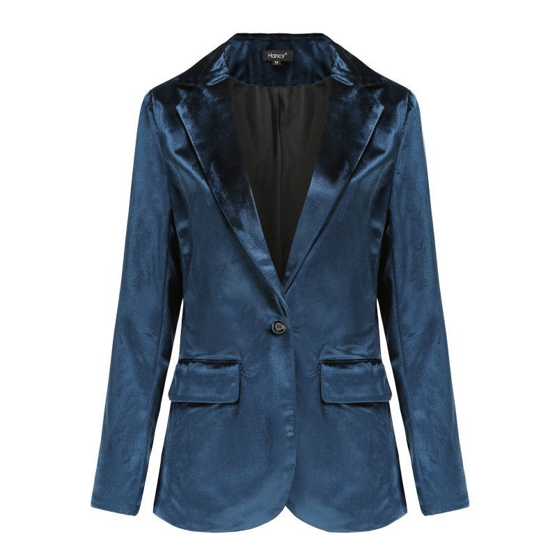 Blazer informal de manga larga de terciopelo dorado para mujer