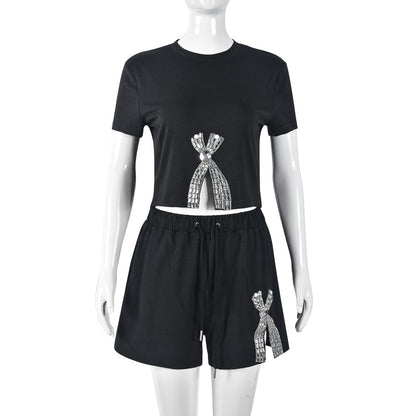 Women Casual Rhinestone Round Neck Short-Sleeve Top Drawstring Lace-Up Shorts Two-Piece Set