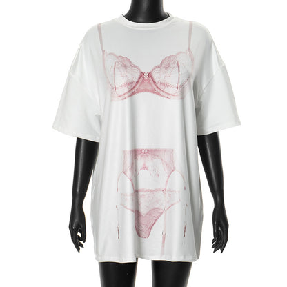 Camiseta holgada de manga corta con cuello redondo y estampado de ropa interior informal para mujer
