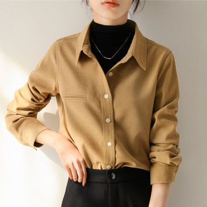 Women Fashion Casual Winter Long Sleeve Solid Thickened Corduroy Shirt Office Blouse
