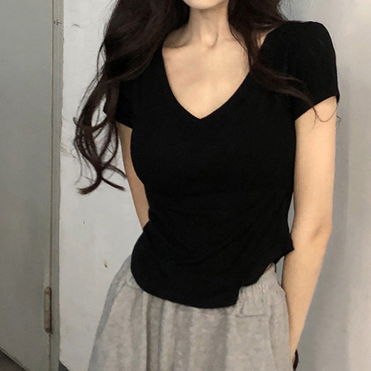 Camiseta informal de manga corta con cuello en V y color liso para mujer