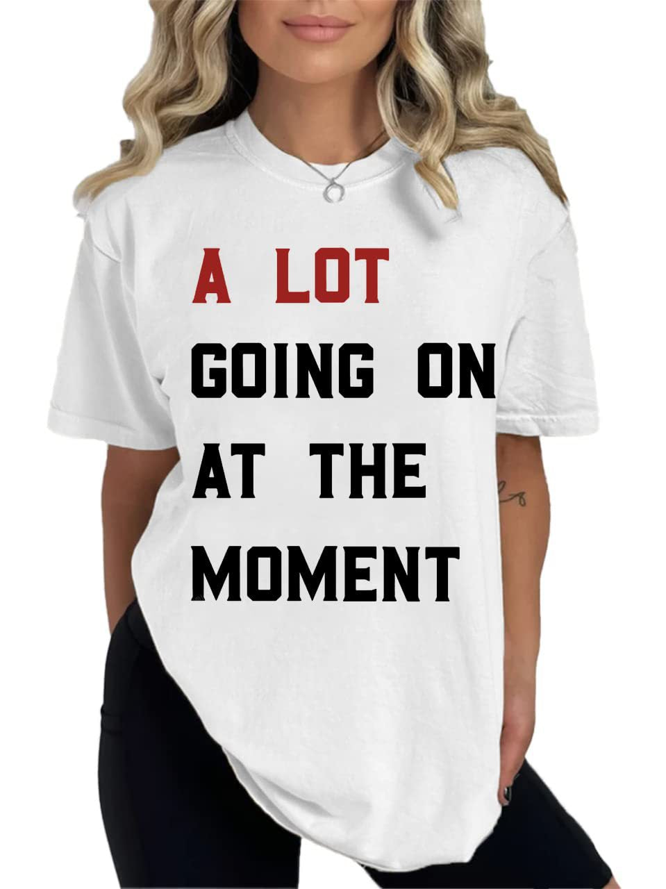 Camiseta informal de manga corta con cuello redondo y estampado de letras y eslogan de color liso para mujer