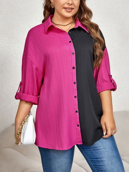 Casual Office Chic Elegant Women Plus Size Long Sleeve Lapel Color Blocking Shirt Blouse