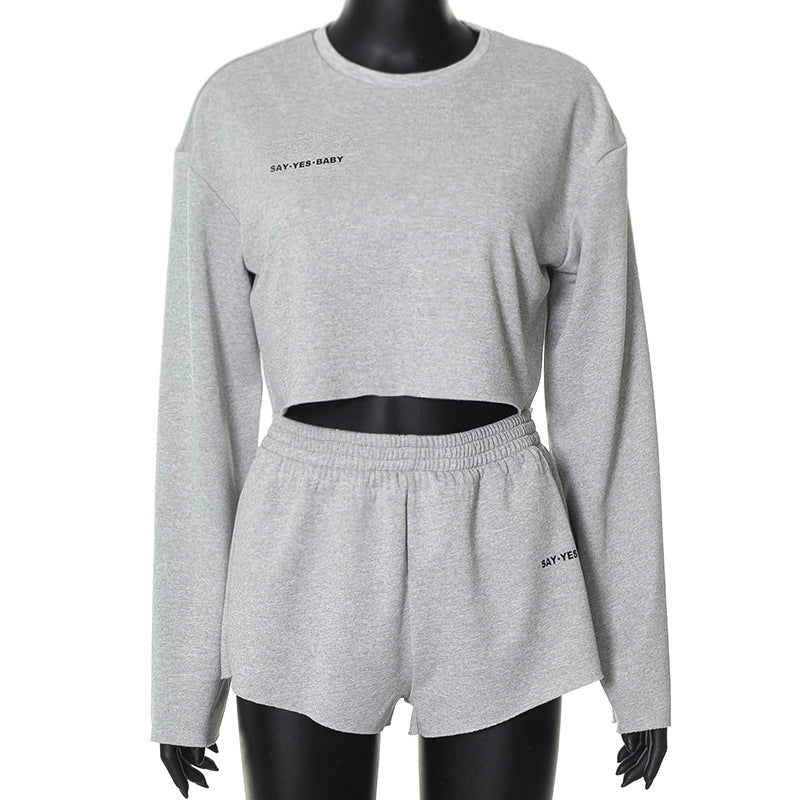 Conjunto deportivo informal de manga larga con jersey y pantalones cortos de color liso para mujer