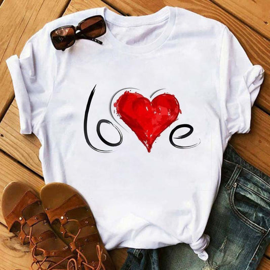 Camiseta informal de manga corta con estampado de corazones para mujer