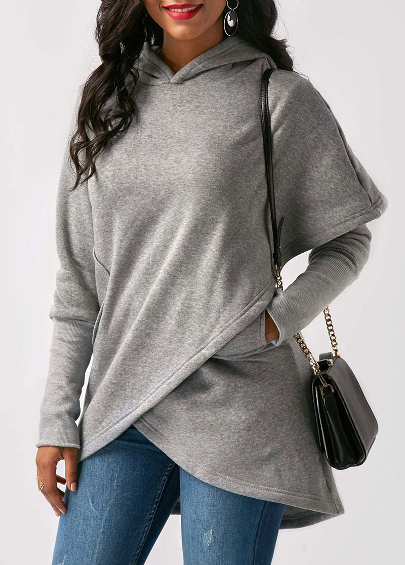 Sudadera con capucha de manga larga con dobladillo irregular y color liso informal para mujer