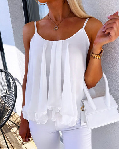 Women Fashion Casual Loose Chiffon Solid Color Spaghetti Strap Tank Top