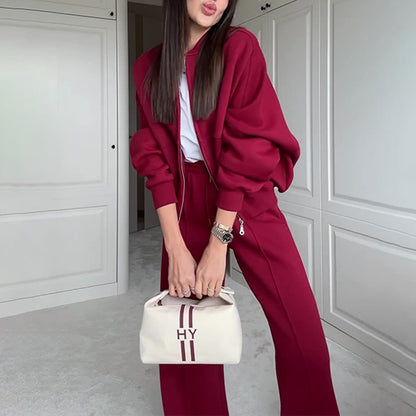 Fall Winter Women Fashion Simple Zipper Sweatshirt Jacket Casual Straight Leg Pants Set