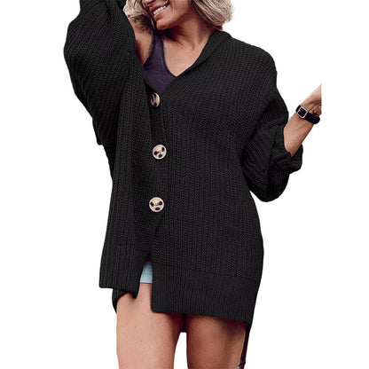 Casual Cozy Autumn And Winter Women Solid Color Lapel Pocket Knitted Cardigan Button Mid-Length Jacket