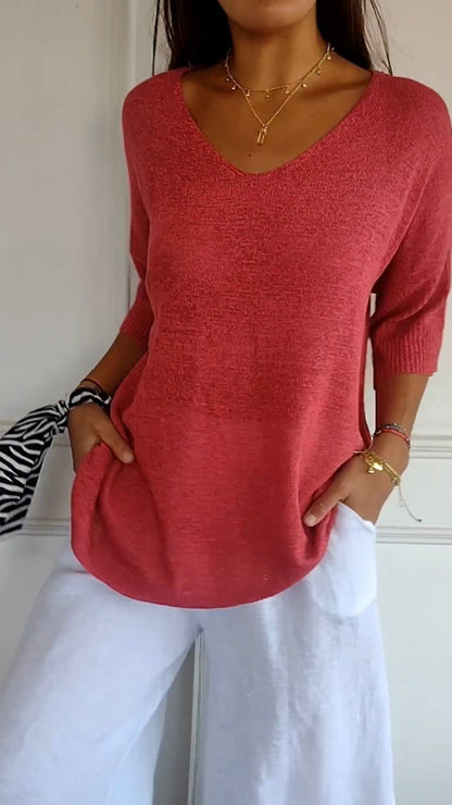 Women Fashion Casual V-Neck Solid Color Knit Sweater