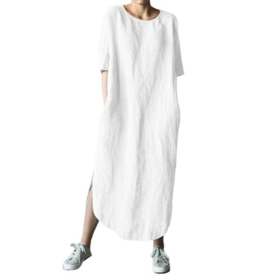Women Casual Round Neck Half Sleeve Solid Color Cotton Linen Side-Slit Maxi Dress