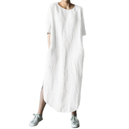 Women Casual Round Neck Half Sleeve Solid Color Cotton Linen Side-Slit Maxi Dress