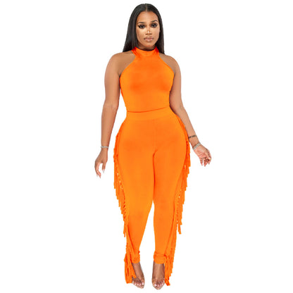 Women Tight Vest And Tassel Pants Two Pieces Casual Suit