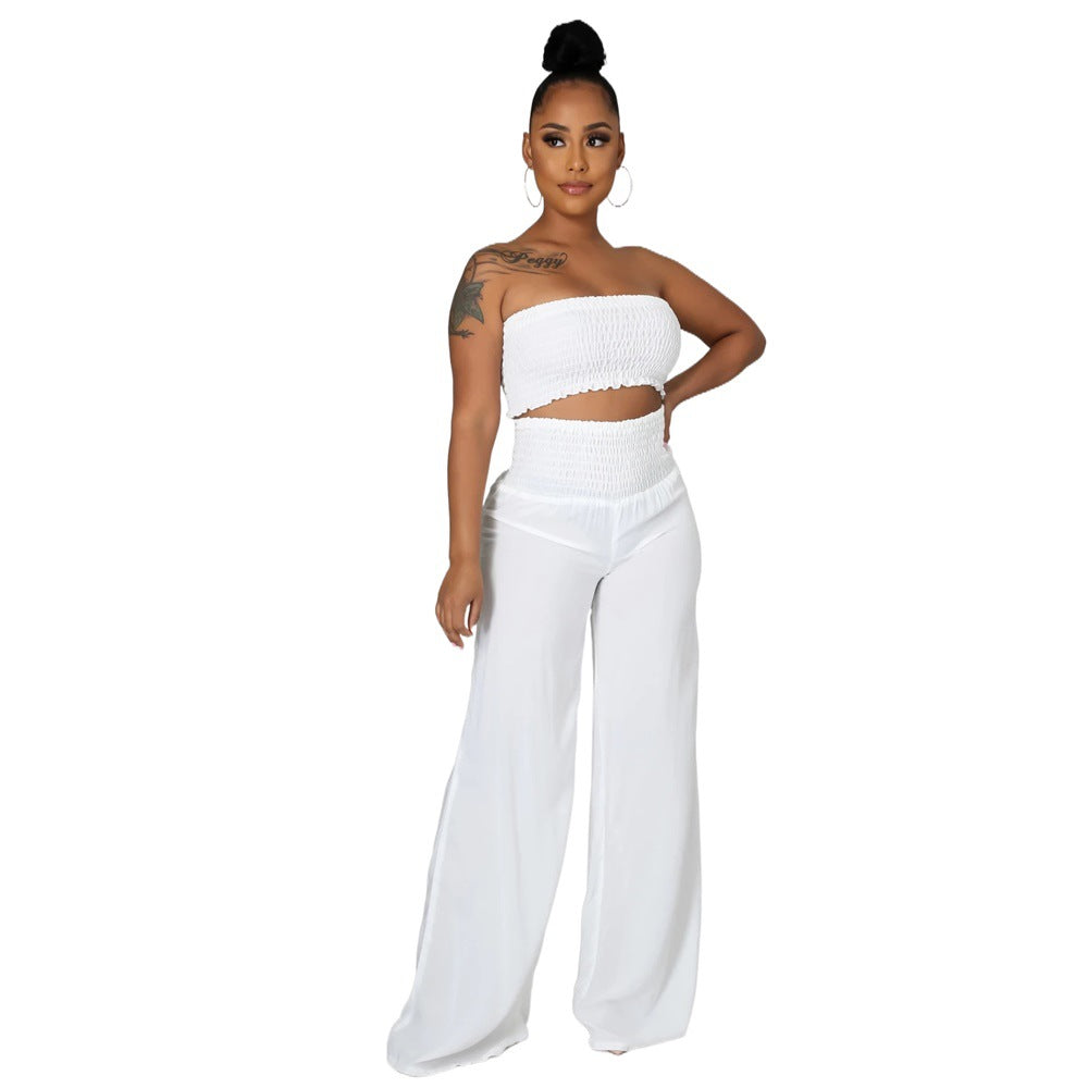 Conjunto de dos piezas para mujer, informal, elegante, de color liso, con top de tubo y pantalones holgados