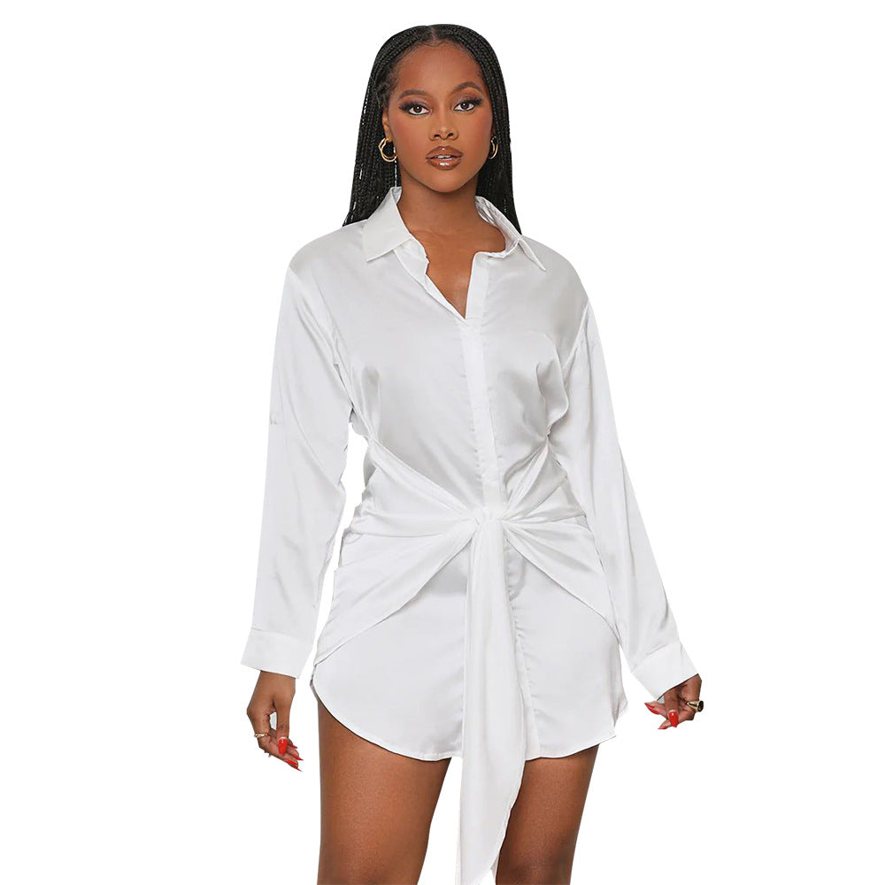 Women Fashion Casual Solid Color Long Sleeve Defined Waist Lapel Shirt Dress